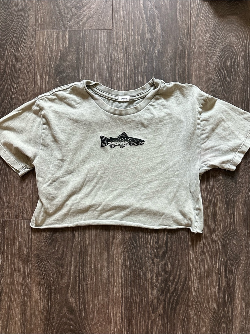 Garage Light Sage Cropped Tee with handmade Fish Graphic
